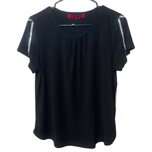 Women's Black Tunic Top Size Med Short Sleeve with Rhinestones Love Scarlett